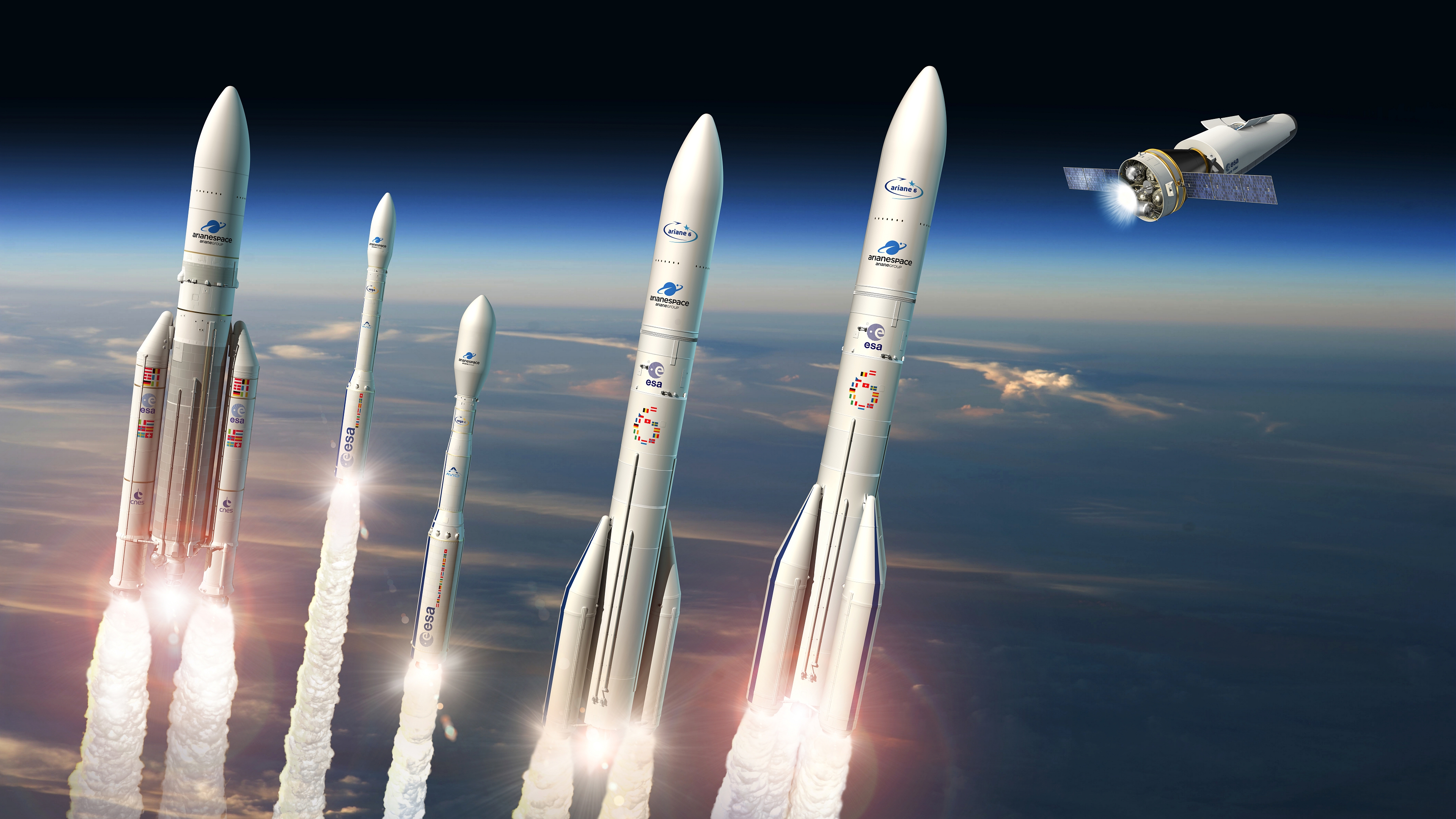 Artist’s impression (left to right): Ariane 5, Vega, Vega-C, Ariane 62, Ariane 64, Space Rider.
